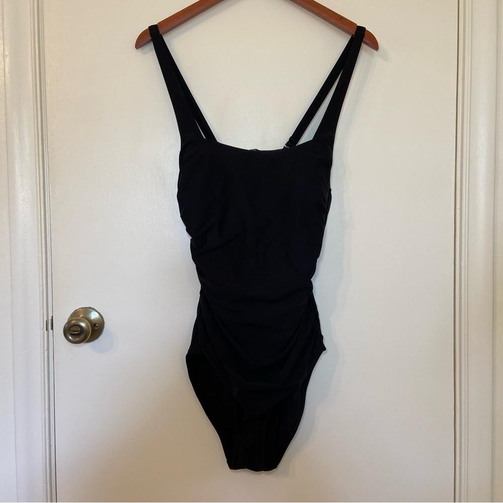 Athleta Aqualuxe Square Neck Ruched One Piece Swimsuit Black Slimming Medium